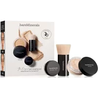 bareMinerals makeup kit with powder, brush, and primer in black containers, packaged in a branded box.