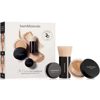 bareMinerals 3-piece makeup set with foundation, brush, and primer in black containers, boxed with product images.