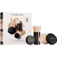 bareMinerals 3-piece makeup set with foundation, brush, and powder in black containers, boxed with product image.