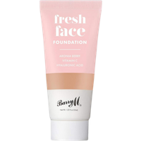 Barry M Fresh Face Foundation tube with pink and beige design, featuring aroma berry, vitamin C, and hyaluronic acid.