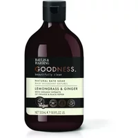 Baylis & Harding Goodness Lemongrass & Ginger Bath Soak, 500ml dark bottle with black cap and cream label.