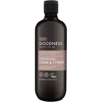 Baylis & Harding Goodness Men's shower gel in dark bottle with pink label, 500ml, Patchouli, Cedar & Cypress scent.