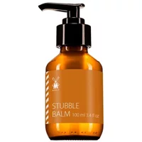 Amber bottle with black pump, labeled "Stubble Balm" by Mühle, 100 ml, vegan beard care product.