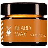 Amber jar of Mühle Beard Wax with black lid, 50 ml label, and windmill logo.