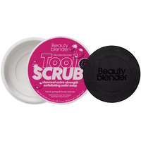 Pink Beautyblender Toolscrub cleanser in a round container with black lid, labeled for hands, sponges, and brushes.