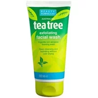Green tube of Beauty Formulas Australian Tea Tree Exfoliating Facial Wash, 150ml, with leaf graphics and blue accents.