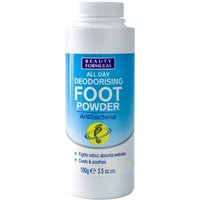 White cylindrical bottle of Beauty Formulas Deodorising Foot Powder with blue label, 100 g size.