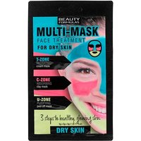 "Beauty Formulas Dry Multi Face Mask package with colorful face zones and treatment steps for dry skin"