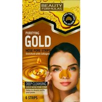 Gold Beauty Formulas nose strips box with collagen, featuring a woman applying a strip, 6 pieces included.