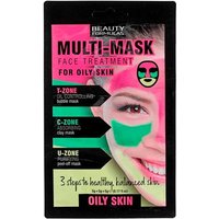 Beauty Formulas Oily Multi Face Mask with pink, green, and black packaging, featuring a smiling face illustration.