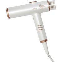 White Beauty Works Aeris hair dryer with rose gold accents and sleek, cylindrical design.