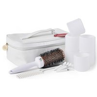 White Beauty Works gift set with hairbrush, rollers, comb, clips, and zippered case.