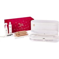 Beauty Works Deluxe Dream Vanity set with white case, gold waver, spray bottle, and red box packaging.