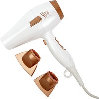 White Beauty Works hair dryer with brown accents, ergonomic handle, and two brown nozzle attachments.