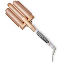 Rose gold Beauty Works Jumbo Waver with triple barrel design and white handle with digital display.
