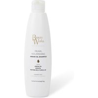 White Beauty Works Pearl Nourishing Shampoo bottle, 250ml, with gold text and flip-top cap.