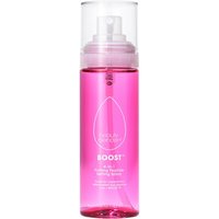 Pink Beautyblender Boost setting spray bottle with clear cap and white text detailing.