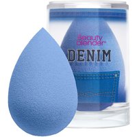 Blue teardrop-shaped makeup sponge with denim pattern packaging in clear cylindrical container.
