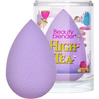 Purple teardrop-shaped Beautyblender sponge with "High Tea" text, in clear packaging with colorful tea-themed graphics.