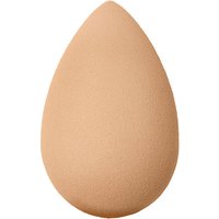 Beige teardrop-shaped makeup sponge with smooth texture, designed for blending foundation and concealer.