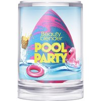 Pink and blue marbled Beautyblender sponge in clear cylindrical packaging with pool-themed graphics.