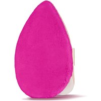 Pink teardrop-shaped Beautyblender Power Pocket Puff with a soft, plush texture and a white backing.