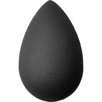 Black teardrop-shaped makeup sponge with a smooth texture for blending foundation and cosmetics.
