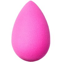 Pink teardrop-shaped makeup sponge with smooth texture for blending foundation.