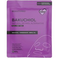 Purple BeautyPro Bakuchiol face sheet mask package with white text and line art of a face.