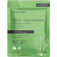 Green BEAUTYPRO CICA+NIACINAMIDE face sheet mask pack with plant graphics and product details.