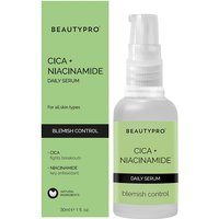 BEAUTYPRO CICA + NIACINAMIDE Blemish Control Serum, 30ml pump bottle, green label with black and white text, boxed.
