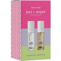 BEAUTYPRO Day + Night Serum Duo in pink and green box, includes two 50ml bottles with white and gold labels.