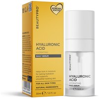 BEAUTYPRO HYALURONIC ACID serum, white pump bottle, yellow box with black text, 30ml.