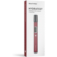 Red BEAUTYPRO HYDRATEST device with digital display, sleek pen-like design, in white and red packaging.