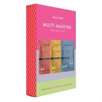 BEAUTYPRO MULTI-MASKING FACE & EYE SET 3pc in pink box with orange, yellow, and blue mask packets.