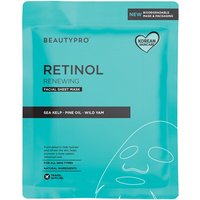 Turquoise BEAUTYPRO RETINOL Anti-Ageing Face Sheet Mask pack with white text and facial outline design.