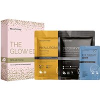 BEAUTYPRO SPA at home set with pink box, yellow hyaluronic mask, black detoxifying mask, and blue eye therapy mask.