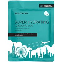 Teal BEAUTYPRO SUPER HYDRATING face sheet mask pack with city skyline and airplane graphic.