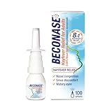 Beconase nasal spray bottle with white nozzle, blue and white box featuring product details and 8 in 1 relief claim.
