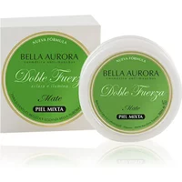 Bella Aurora Double Force cream in a round white jar with green label, next to matching box, 30ml for matte mixed skin.