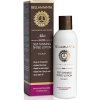 Bellamianta Self Tanning Tinted Lotion Dark 200ml, white bottle with brown cap, gold logo, next to brown box.