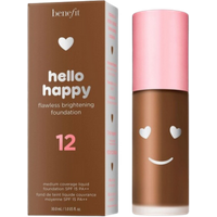 Benefit Hello Happy Foundation #12, brown bottle with pink cap, smiley face design, next to matching box.