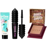 Benefit Icon Travel Set with turquoise primer tube, black mascara, and bronzer in striped box.