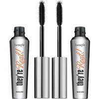 Benefit Lashes With Altitude set, two silver tubes of They're Real Jet Black mascara with black caps and brushes.