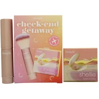 Benefit Shellie Blush Cheek-End Getaway Set with pink blush, multitasking brush, and peach packaging.