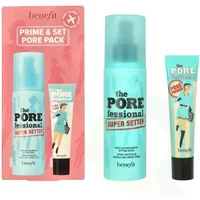 Benefit Porefessional set with blue spray bottle and tube, pink packaging, and retro-style illustrations.