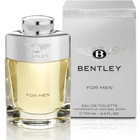 Bentley For Men Eau De Toilette 100ml, clear glass bottle with silver cap, next to silver box with logo.