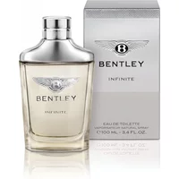 Bentley Infinite Eau De Toilette 100ml, clear glass bottle with silver cap, box with Bentley logo and gray accents.