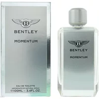 Bentley Momentum Eau De Toilette 100ml, silver rectangular bottle with a matching cap and branded packaging.