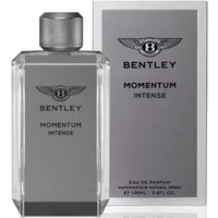 Bentley Momentum Intense Eau De Parfum 100ml, sleek glass bottle with textured silver cap and Bentley logo.